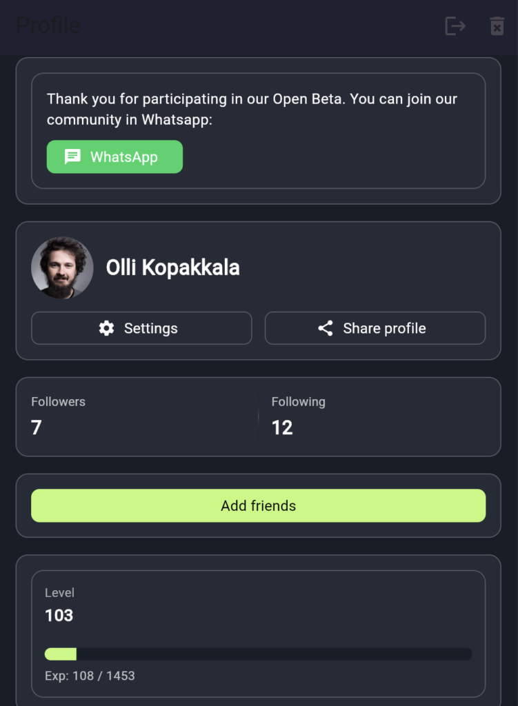 Wandrio tile hunting app profile page